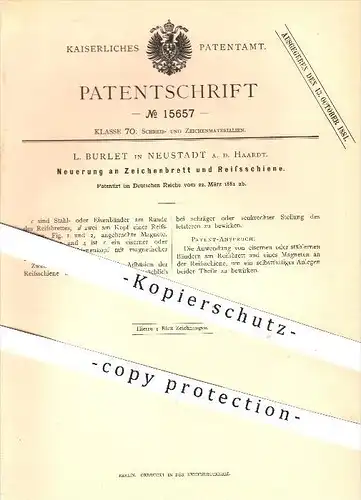 original Patent - L. Burlet , Neustadt / Haardt , 1881 , Zeichenbrett und Reissschiene , Zeichnen , Schreibmaterial !!!