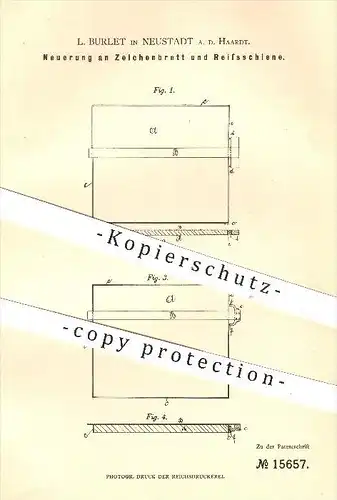 original Patent - L. Burlet , Neustadt / Haardt , 1881 , Zeichenbrett und Reissschiene , Zeichnen , Schreibmaterial !!!