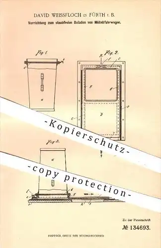 original Patent - David Weissfloch , Fürth , 1901 , staubfreies Beladen von Müllwagen , Müllabfuhr , Müll , Reinigung !!
