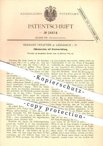 original Patent - H. Hölscher , Lengerich , 1883 , Maschine mit Druck für Tüten , Tüte , Papier , Papierfabrik , Walzen