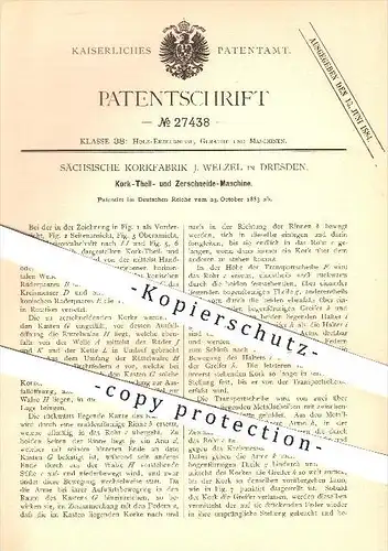original Patent - Sächsische Korkfabrik J. Welzel , Dresden , 1883 , Maschine zum Teilen u. Schneiden von Kork , Korken