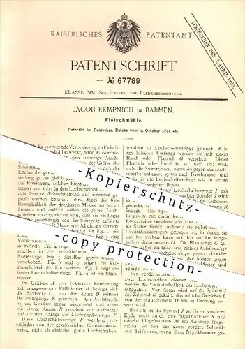 original Patent - J. Kempnich , Barmen , 1892 , Fleischmühle , Fleischwolf , Fleisch , Wurst , Schlachter , Schlachterei