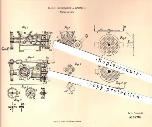 original Patent - J. Kempnich , Barmen , 1892 , Fleischmühle , Fleischwolf , Fleisch , Wurst , Schlachter , Schlachterei