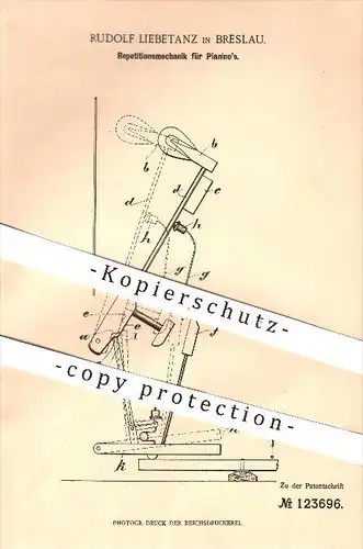 original Patent - Rudolf Liebetanz , Breslau , 1901 , Repititionsmechanik für Pianino , Piano , Pianos , Klavier , Musik