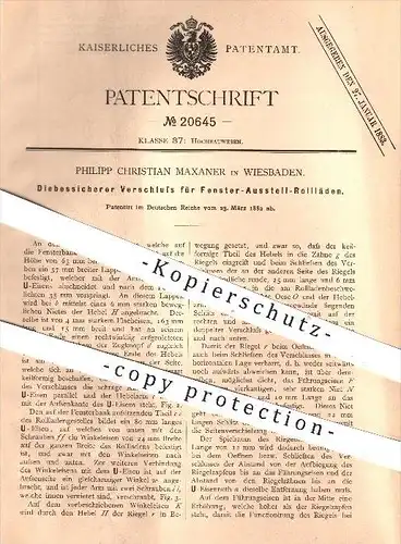 original Patent - P. C. Maxaner , Wiesbaden , 1882 , Verschluss für Fenster - Rollläden , Rollladen , Fensterbau !!!