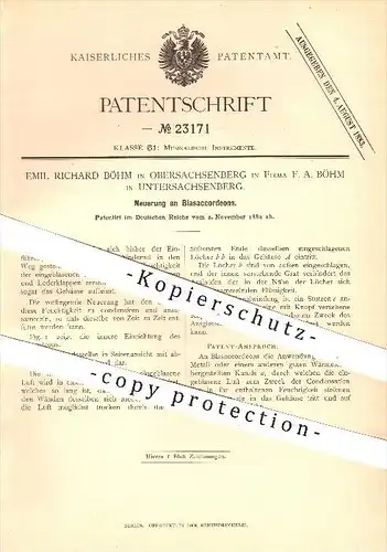 original Patent - E. R. Böhm , Obersachsenberg , F. A. Böhm , Untersachsenberg , 1882, Blasakkordeon , Akkordeon , Musik
