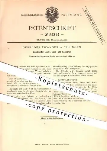 original Patent - Gebr. Zwanger , Tübingen , 1883 , Backofen , Dörrofen , Kochofen , Ofen , Öfen , Heizung , Herd !!!