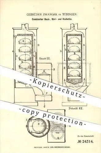 original Patent - Gebr. Zwanger , Tübingen , 1883 , Backofen , Dörrofen , Kochofen , Ofen , Öfen , Heizung , Herd !!!