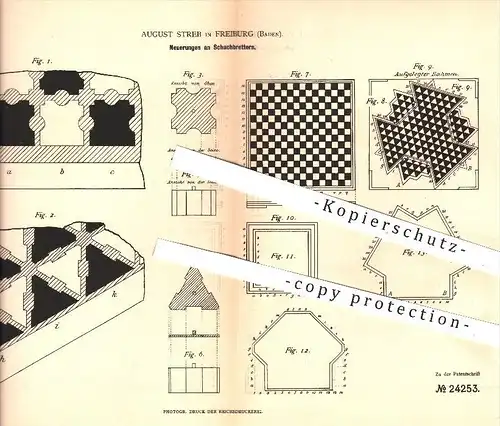 original Patent - August Streb in Freiburg , 1882 , Schachbrett , Schachbretter , Schach , Schachspiel , Sport , Spielen