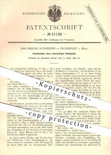 original Patent - J. F. Schneider , Frankfurt / Main , 1882 , zweirädriges Velociped , Velocipede , Fahrrad , Fahrräder