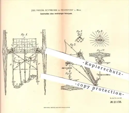 original Patent - J. F. Schneider , Frankfurt / Main , 1882 , zweirädriges Velociped , Velocipede , Fahrrad , Fahrräder