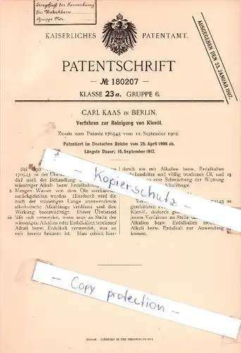 Original Patent  - Carl Kaas in Berlin , 1906 ,  Verfahren zur Reinigung von Kienöl !!!