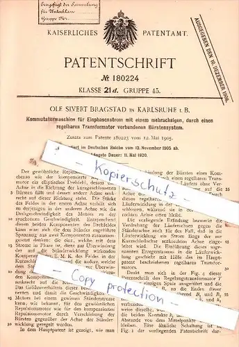 Original Patent  - Ole Sievert Bragstad in Karlsruhe i. B. , 1905 , Kommutatormaschine !!!