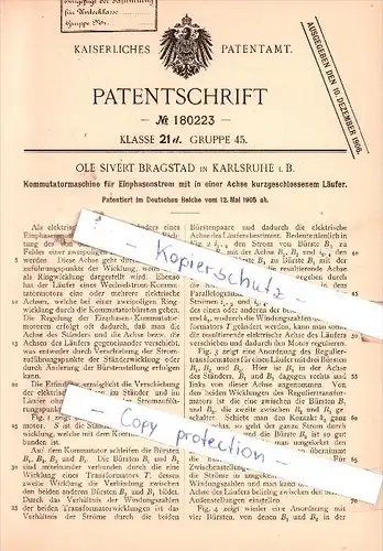 Original Patent  - Ole Sivert Bragstad in Karlsruhe i. B. , 1905 , Kommutatormaschine !!!