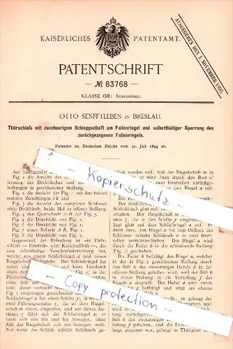 Original Patent  - Otto Senfftleben in Breslau , 1894 , Schlosserei !!!