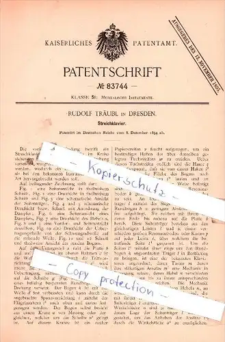 Original Patent  - Rudolf Träubl in Dresden , 1894 , Streichklavier , Klavier !!!