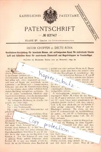 Original Patent  - J. Croppen in Deutz-Köln , 1894 , Ventilationsvorrichtung für bewohnte Räume!!!