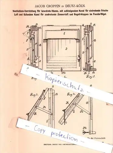 Original Patent  - J. Croppen in Deutz-Köln , 1894 , Ventilationsvorrichtung für bewohnte Räume!!!