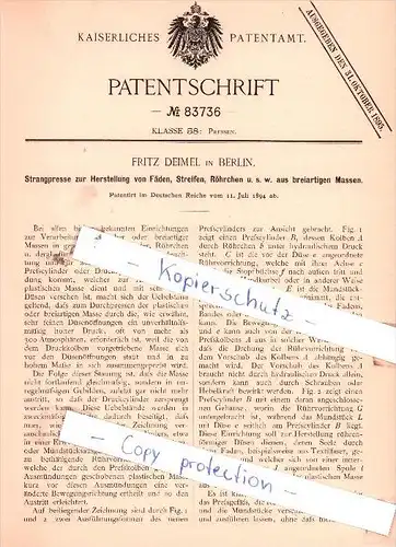 Original Patent  - Fritz Deimel in Berlin , 1894 , Strangpresse zur Herstellung von Fäden !!!