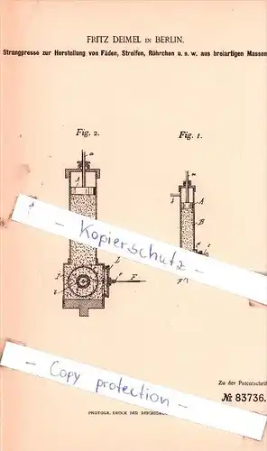 Original Patent  - Fritz Deimel in Berlin , 1894 , Strangpresse zur Herstellung von Fäden !!!