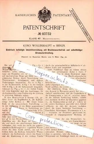 Original Patent  - Kuno Wollenhaupt in Berlin , 1894 , Maschinenelemente !!!