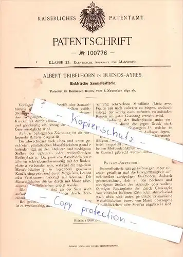 Original Patent  - Albert Tribelhorn in Buenos-Ayres , 1897 , Elektrische Sammelbatterie !!!