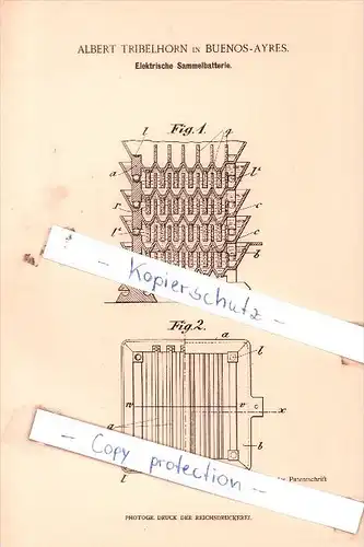 Original Patent  - Albert Tribelhorn in Buenos-Ayres , 1897 , Elektrische Sammelbatterie !!!