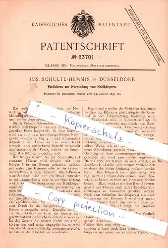 Original Patent  - Jos. Schulte-Hemmis in Düsseldorf , 1895 , Herstellung von Hohlkörpern !!!