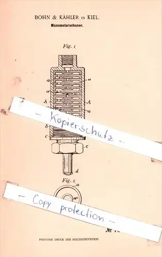 Original Patent  - Bohn & Kähler in Kiel , 1898 , Manometerschoner !!!