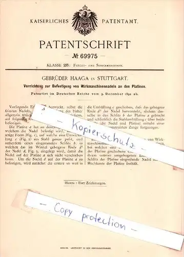 Original Patent  -  Gebrüder Haaga in Stuttgart , 1892 , Befestigung von Wirkmaschinennadeln !!!