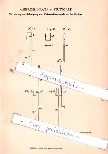 Original Patent  -  Gebrüder Haaga in Stuttgart , 1892 , Befestigung von Wirkmaschinennadeln !!!