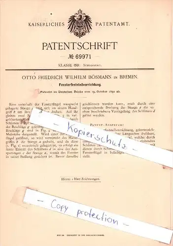 Original Patent  - Otto Friedrich Wilhelm Bösmann in Bremen , 1892 ,  Fensterstellvorrichtung !!!