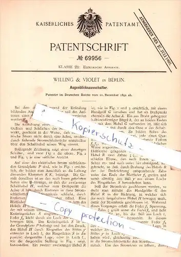 Original Patent  - Willing & Violet in Berlin , 1892 , Augenblicksausschalter !!!