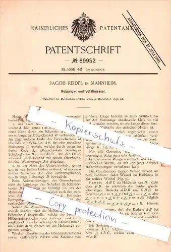 Original Patent  - Jacob Reidel in Mannheim , 1892 ,  Neigungs- und Gefällmesser !!!