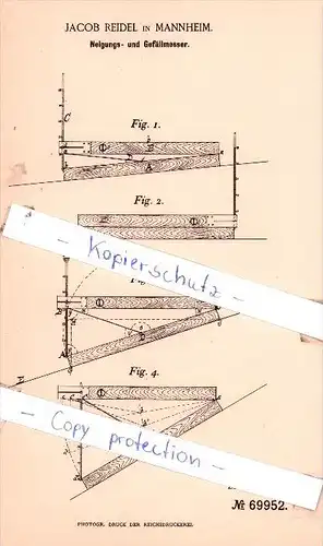 Original Patent  - Jacob Reidel in Mannheim , 1892 ,  Neigungs- und Gefällmesser !!!