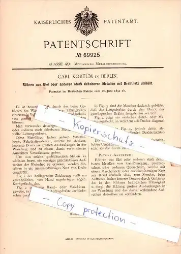 Original Patent  - Carl Kortüm in Berlin , 1892 , Röhren aus Blei mit Drahtnetz umhüllt !!!