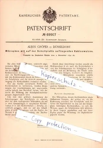 Original Patent  - Albin Gröper in Düsseldorf , 1892 , Elektrische Apparate !!!