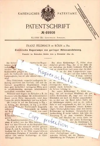 Original Patent  - Franz Feldhaus in Köln a. Rh. , 1892 , Elektrische Bogenlampe  !!!