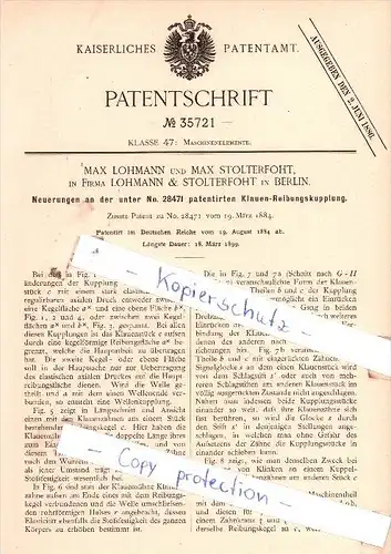 Original Patent  -  Max Lohmann und Max Stolterfoht in Berlin , 1884 , Klauen-Reibungskupplung !!!