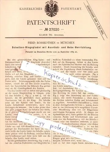 Original Patent  - Ferd. Rosskothen in München , 1883 , Spinnerei !!!