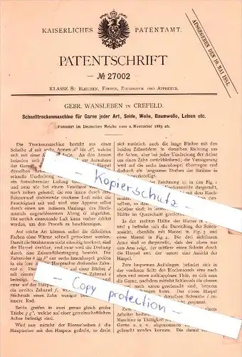Original Patent  - Gebr. Wansleben in Crefeld , 1883 , Schnelltrockenmaschine für Garne jeder Art , Krefeld !!!