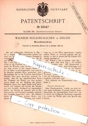 Original Patent  - Wilhelm Holdinghausen in Siegen , 1886 , Waschmaschine !!!
