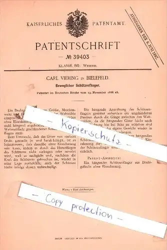 Original Patent  - Carl Viering in Bielefeld , 1886 , Beweglicher Schützenfänger !!!