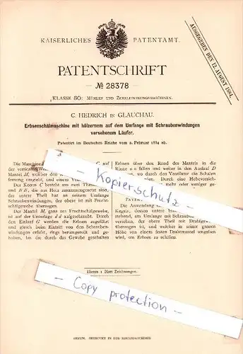 Original Patent  - C. Hedrich in Glauchau , 1884 , Erbsenschälmaschine !!!