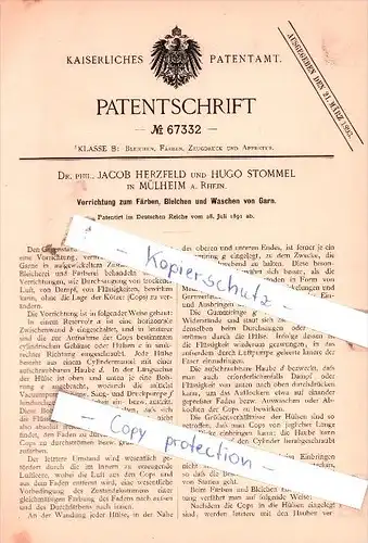 Original Patent  - Dr. phil. J. Herzfeld und H. Stommel in Mülheim a. Rhein , 1891 , Färben von Garn !!!