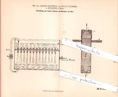 Original Patent  - Dr. phil. J. Herzfeld und H. Stommel in Mülheim a. Rhein , 1891 , Färben von Garn !!!