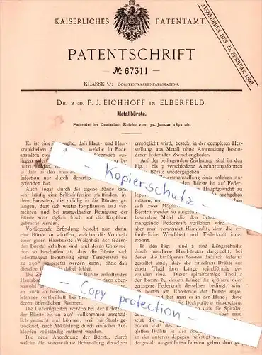 Original Patent  - Dr. med. P. J. Eichhoff in Elberfeld b. Wuppertal , 1892 , Metallbürste !!!