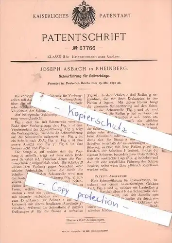 Original Patent  - Joseph Asbach in Rheinberg , 1892 , Schnurführung für Rollvorhänge !!!