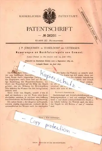 Original Patent  - J. P. Jörgensen in Haseldorf bei Uetersen , 1883 , Dachfalzziegel aus Cement !!!