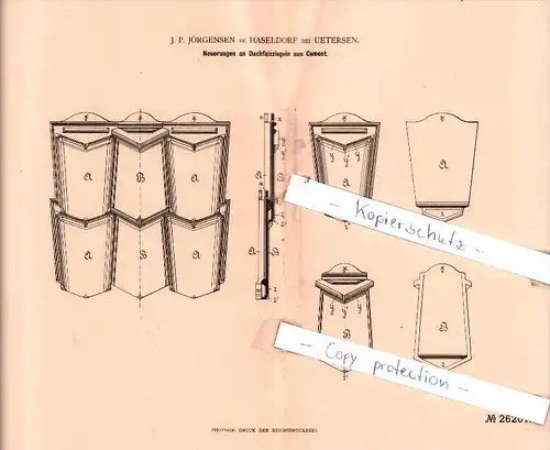 Original Patent  - J. P. Jörgensen in Haseldorf bei Uetersen , 1883 , Dachfalzziegel aus Cement !!!
